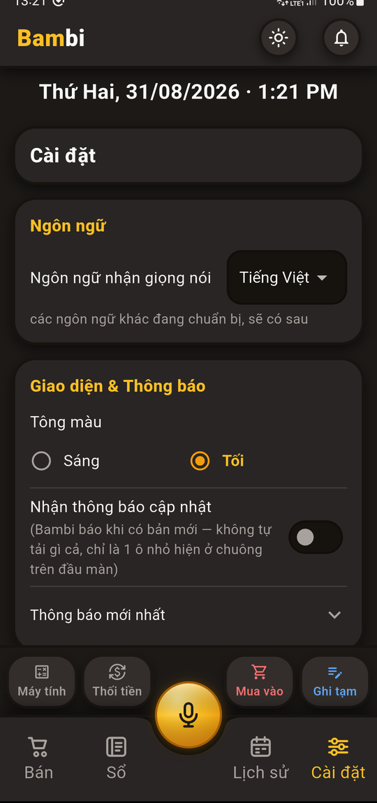Màn hình Cài đặt: chọn ngôn ngữ, tông màu sáng tối và thông báo