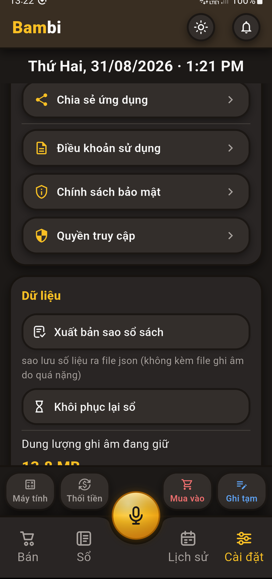 Màn hình Dữ liệu: xuất bản sao sổ sách, khôi phục lại sổ và xoá dữ liệu