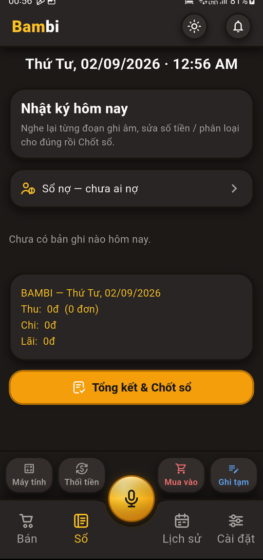 Màn hình Sổ: nhật ký hôm nay, sổ nợ, tổng kết và nút Chốt sổ